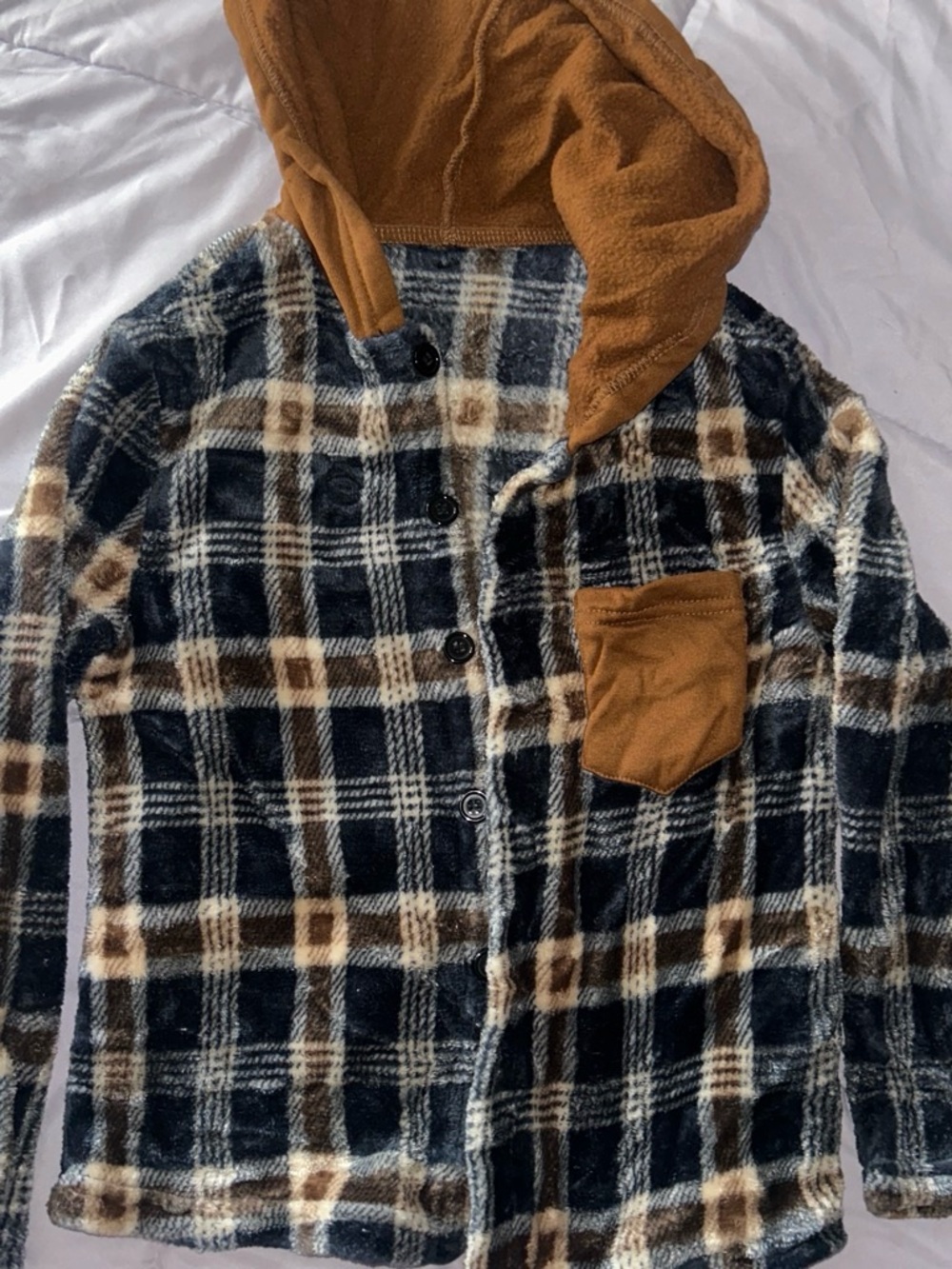 Men's Hooded Plaid Sherpa Jacket in Brown & Black